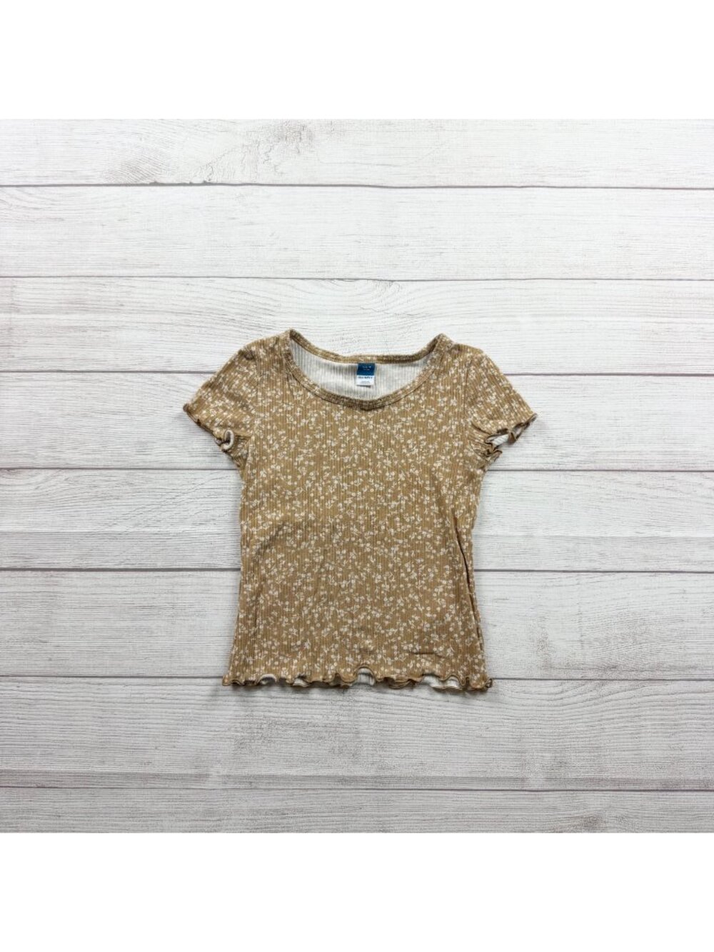 Old Navy Girls Beige Floral Ribbed Knit Fitted Short Sleeve Top S 6-7